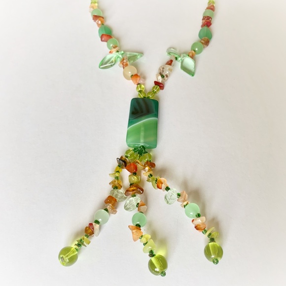 ✨FINAL PRICE✨VTG Green Agate Yellow Red Orange Quartz Glass Bead Tassel Necklace - Picture 4 of 7